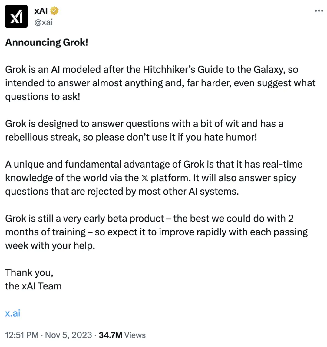 马斯克Grok大模型登场：实时抓推特数据，性能超GPT-3.5